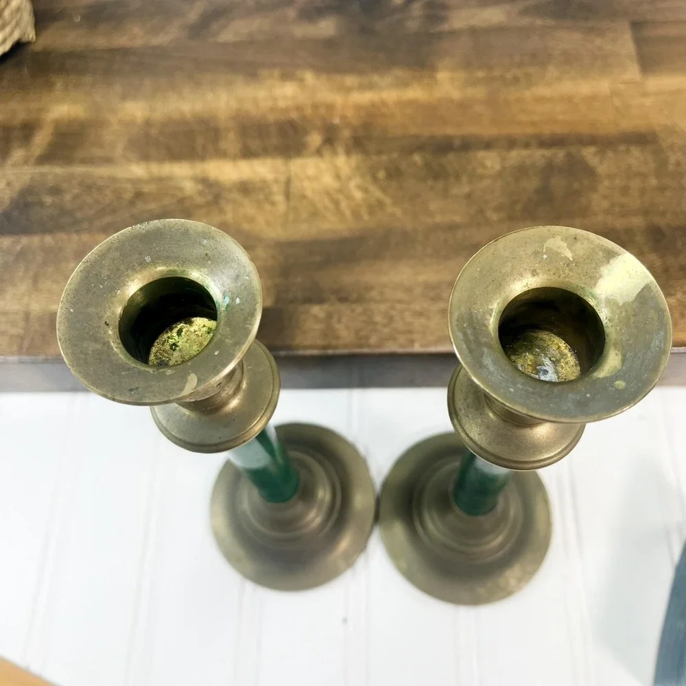 Vintage Green &‎ Brass Candlestick Set - Mid-Century Modern Decor